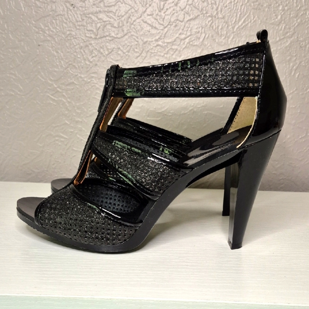 MICHAEL KORS‎ Heels Women's 7.5 Black Glitter Mesh T Strap Zipper Sandals